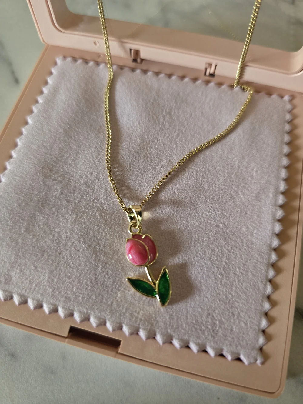 New! Chic Pink Tulip Pendant Necklace in Gold-Tone Stainless Steel - Picture 2 of 5